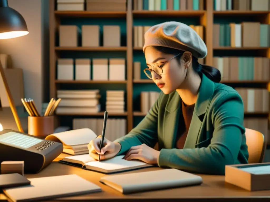 Un artista digital en su estudio, rodeado de cuadernos y tabletas gráficas, crea con meticulosidad