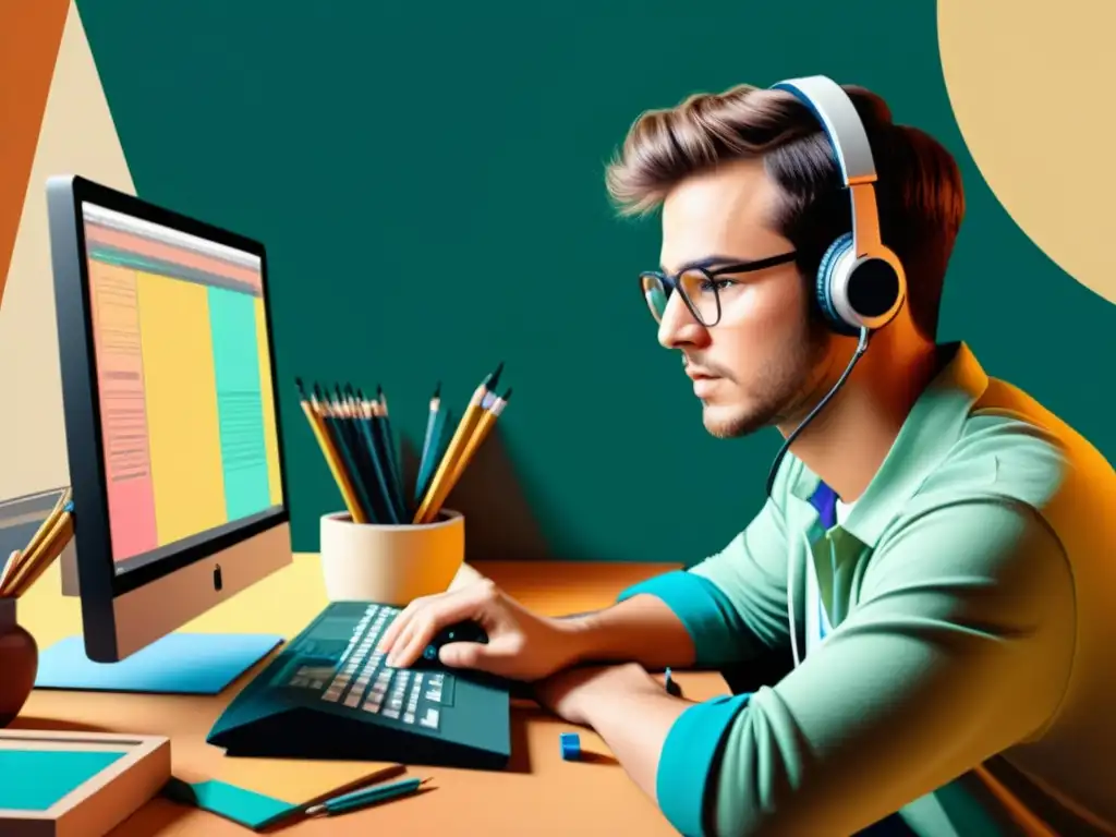 Artista digital crea obra maestra con determinación Un artista crea una impresionante obra de arte digital en su computadora, mostrando la evolución de la computación en el arte digital