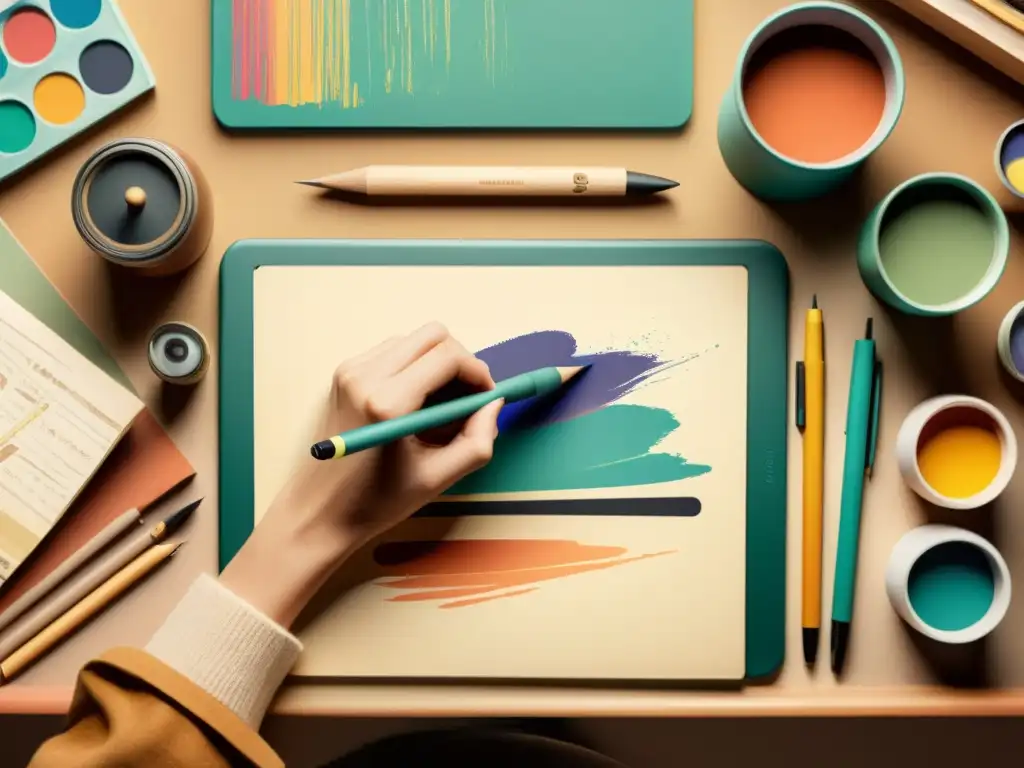Escritorio de artista: fusión tradicional y digital Un artista transita entre la pintura tradicional y las herramientas digitales para artistas tradicionales en un ambiente nostálgico y vanguardista