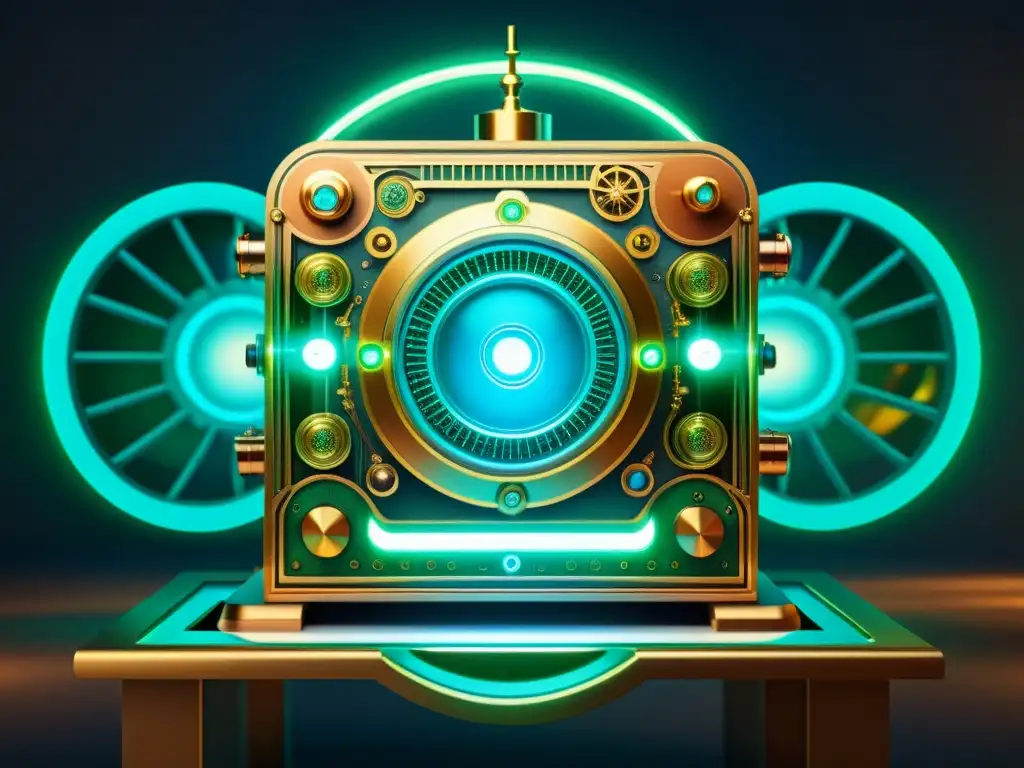 Computadora cuántica steampunk: fusión de tecnología y estética victoriana Un asombroso ordenador cuántico steampunk con luces azules y verdes, rodeado de energía