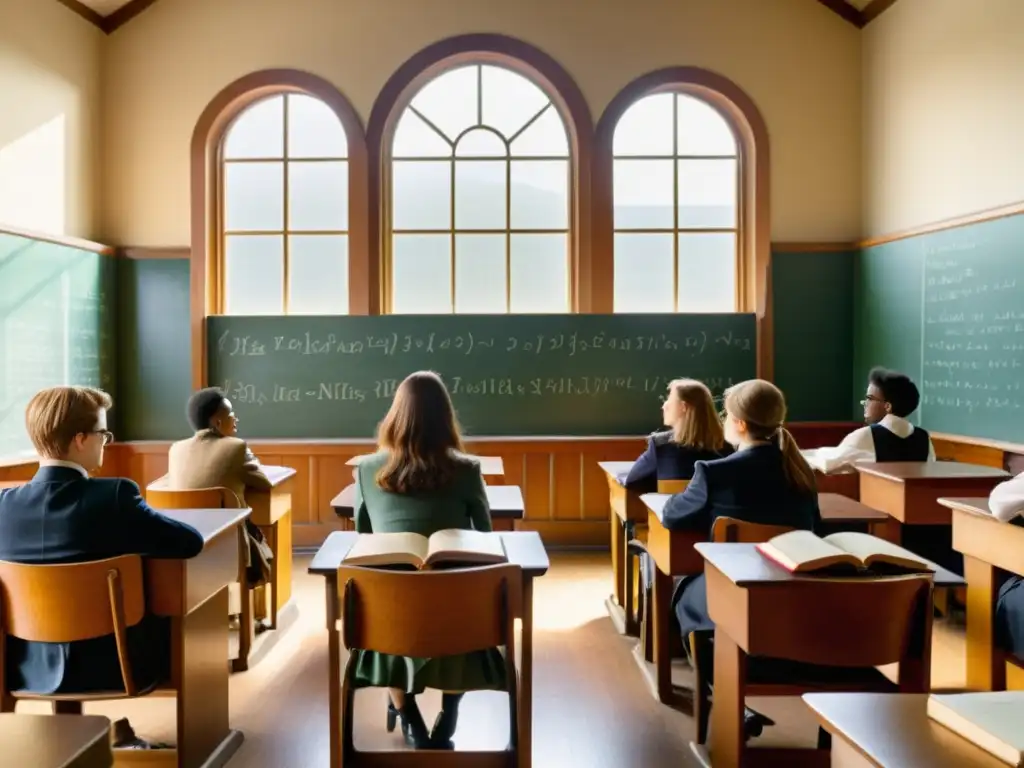 Una atmósfera nostálgica llena de aprendizaje en un salón vintage, con estudiantes participando en una animada discusión dirigida por su profesor