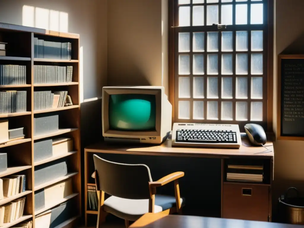 Un aula vintage con equipo de computación antiguo y libros obsoletos