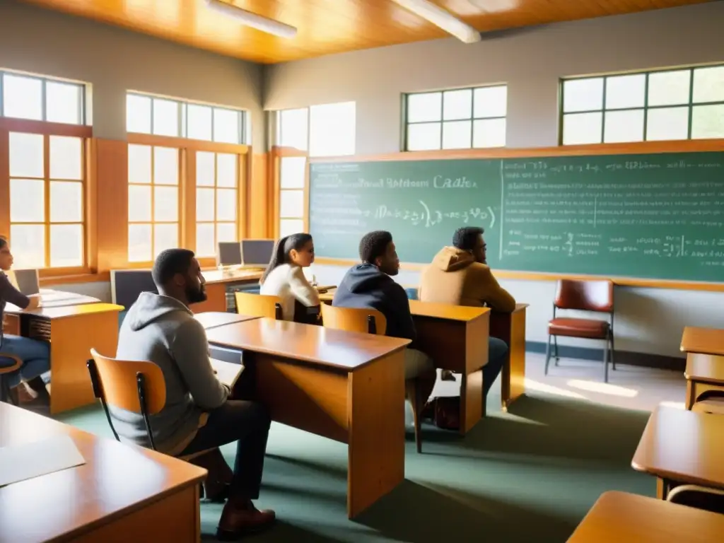 Un aula vintage con estudiantes diversos, un instructor apasionado y pizarrón de ecuaciones y código