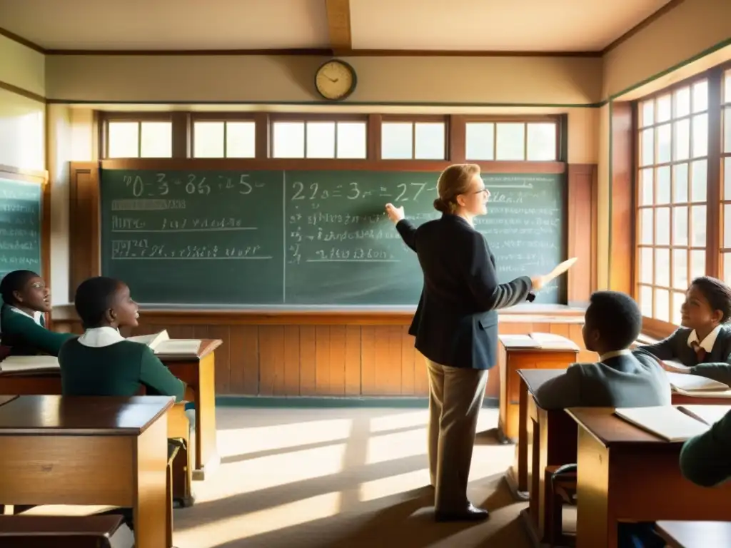 En un aula vintage, estudiantes y maestro disfrutan de la enseñanza tradicional, mientras la luz del sol ilumina el ambiente