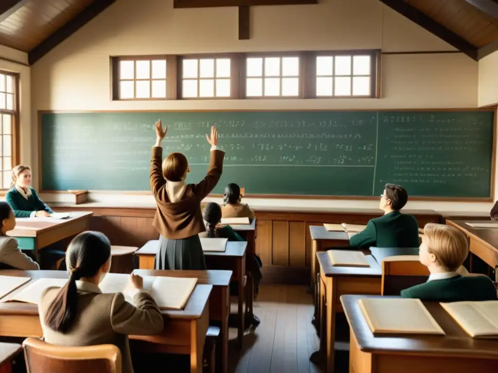 En un aula vintage, estudiantes levantan la mano mientras un apasionado profesor escribe en la pizarra llena de ecuaciones