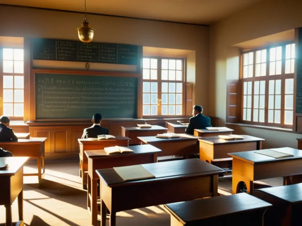 Una aula vintage con estudiantes escuchando al profesor