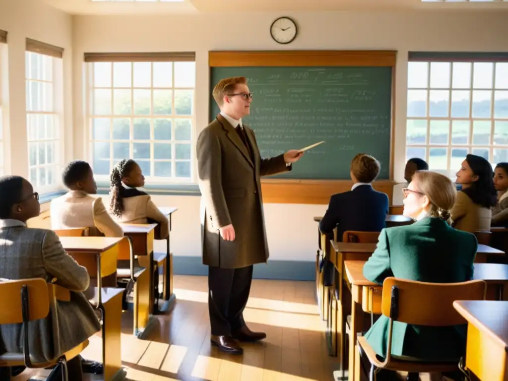 Un aula vintage con estudiantes y profesor discutiendo código, iluminada por la luz del sol