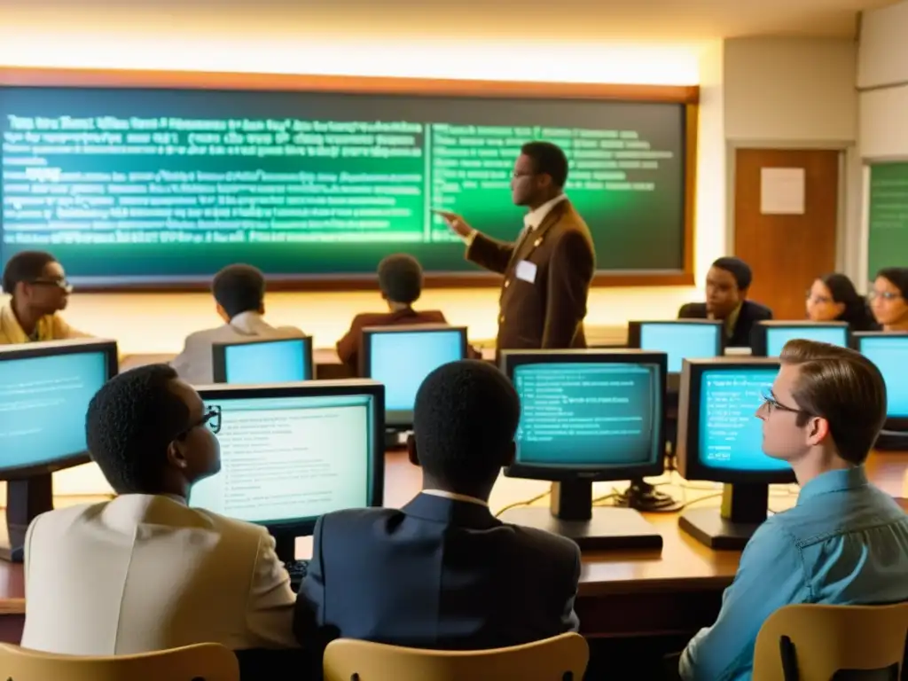 Un aula vintage llena de estudiantes concentrados alrededor de un ordenador, iluminados por la pantalla