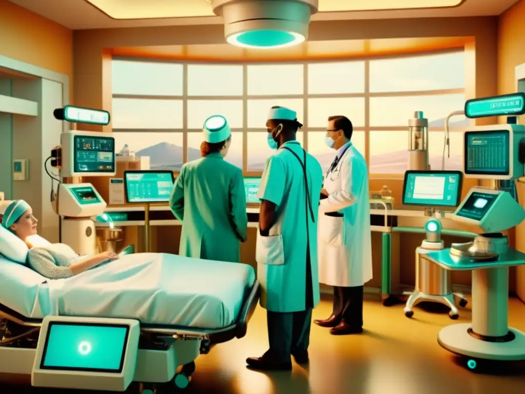 Avances de la IA en computación: Ilustración vintage 8k de un hospital retrofuturista con médicos y enfermeras utilizando tecnología de IA