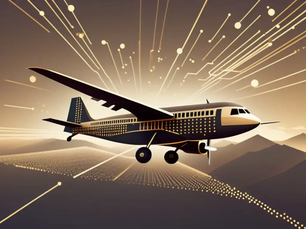 Un avión vintage sobrevuela un paisaje digital de nodos blockchain, fusionando lo clásico con lo moderno