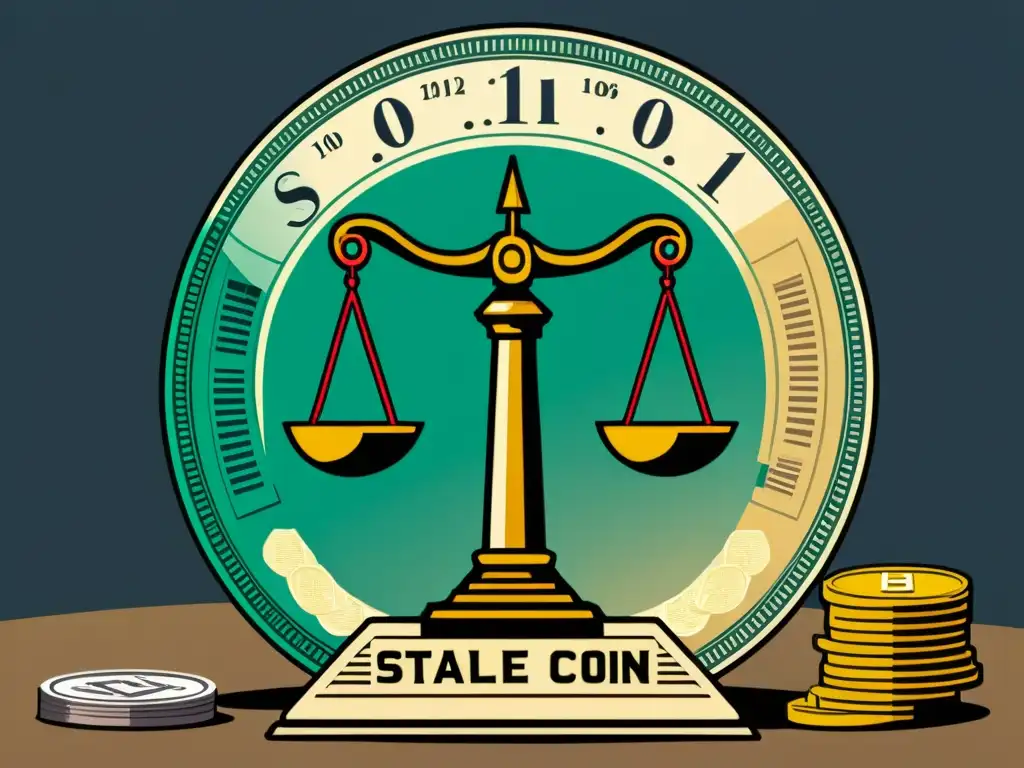 Una ilustración vintage de una balanza, con stablecoins de un lado y diversas monedas tradicionales del otro, sobre un fondo de hitos financieros históricos