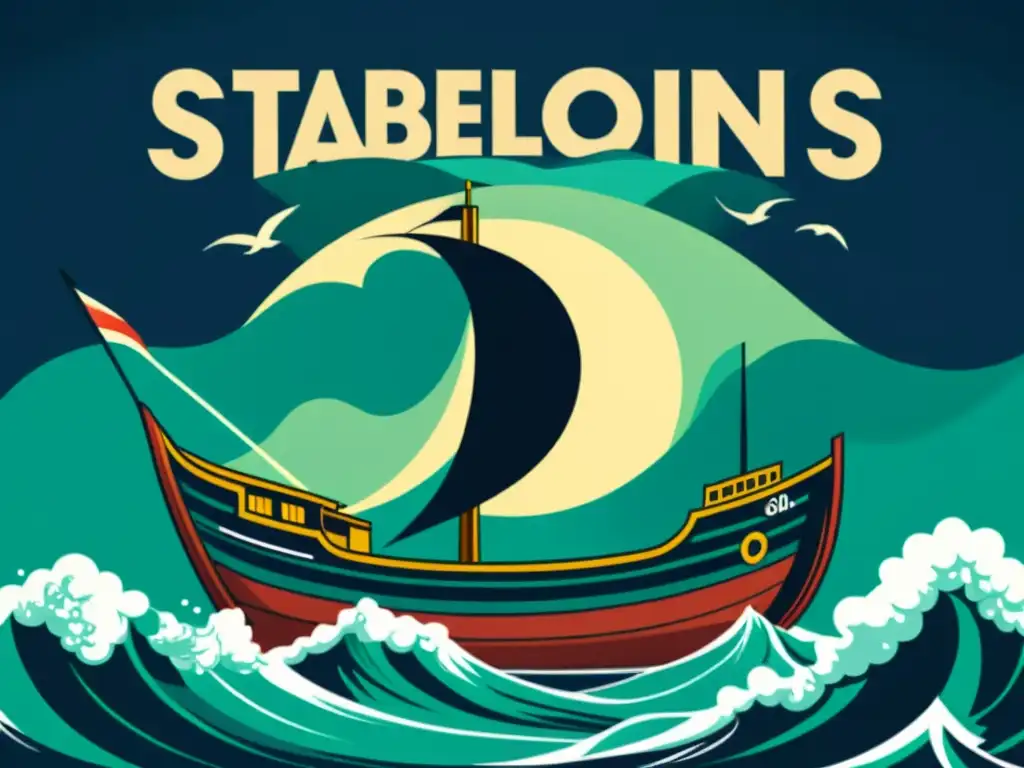 Un barco histórico navega en aguas turbulentas con 'Revolution de las stablecoins' en sus velas, simbolizando estabilidad y seguridad