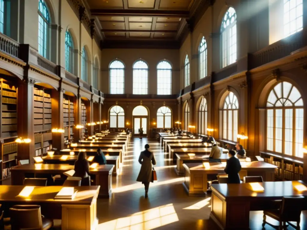 Una biblioteca vintage llena de vida y luz solar, donde se respira el conocimiento académico