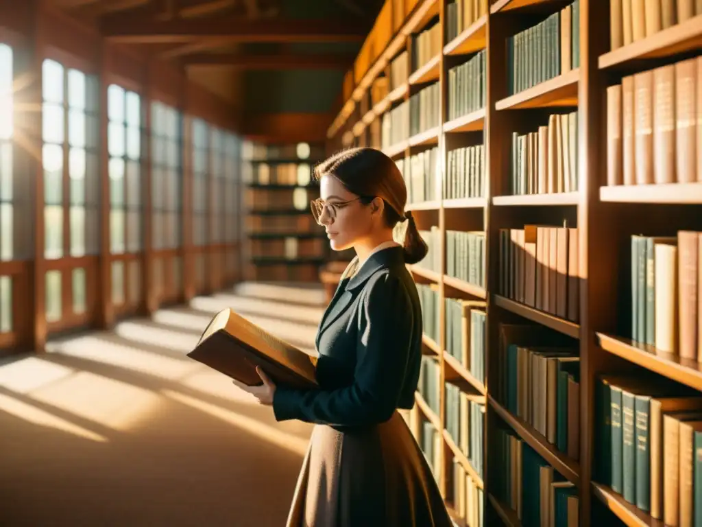 Un bibliotecario cuidadoso cataloga libros antiguos en una biblioteca vintage, con un aura de reverencia por la historia y el conocimiento