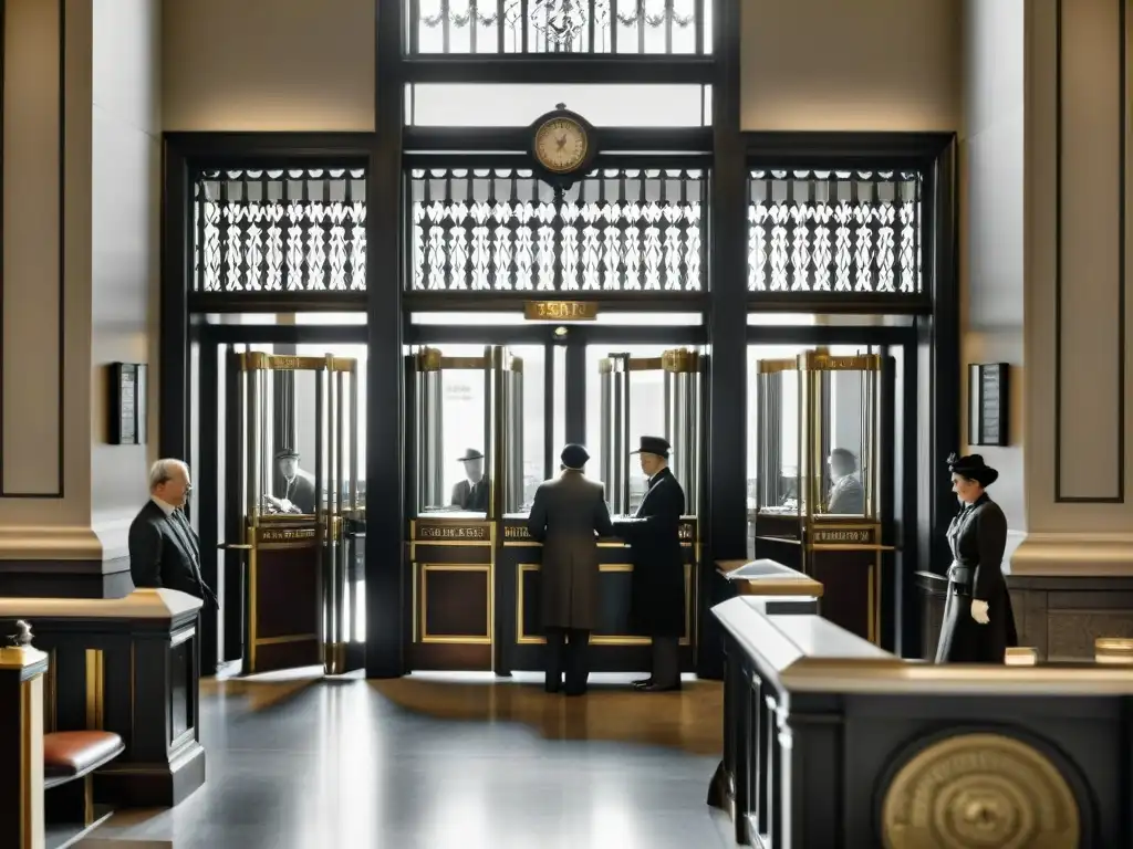 Una fotografía en blanco y negro muestra el bullicio de un banco tradicional del siglo XX, con cajeros, clientes y grandes puertas de caja fuerte