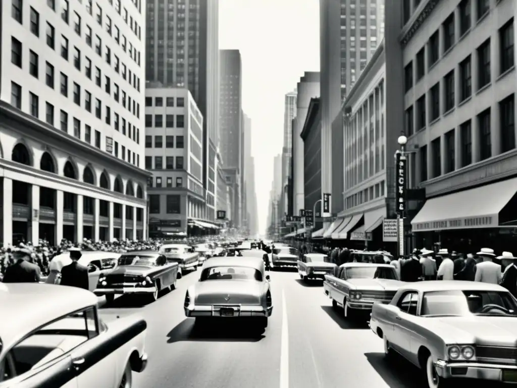 Una fotografía en blanco y negro de una bulliciosa calle de la ciudad con rascacielos altos y autos antiguos