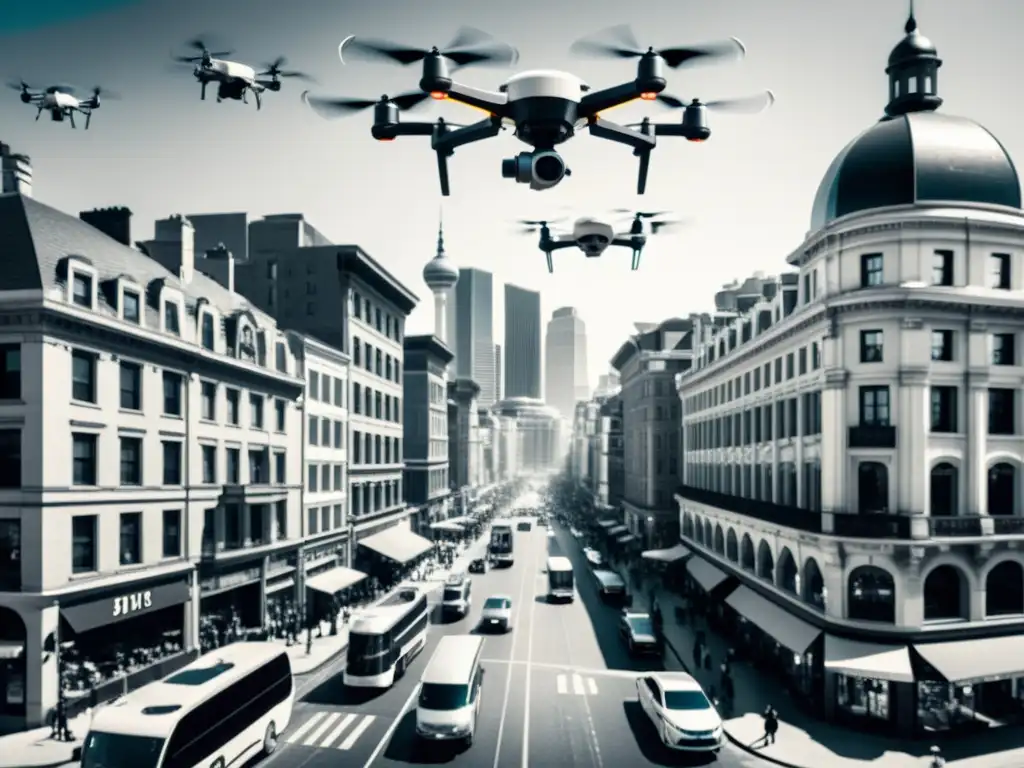 Una fotografía en blanco y negro de una bulliciosa calle de la ciudad con drones futuristas sobrevolando edificios históricos