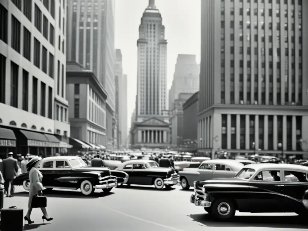 Una fotografía vintage en blanco y negro de un bullicioso distrito financiero de los años 50, con gente caminando por la acera y altos edificios