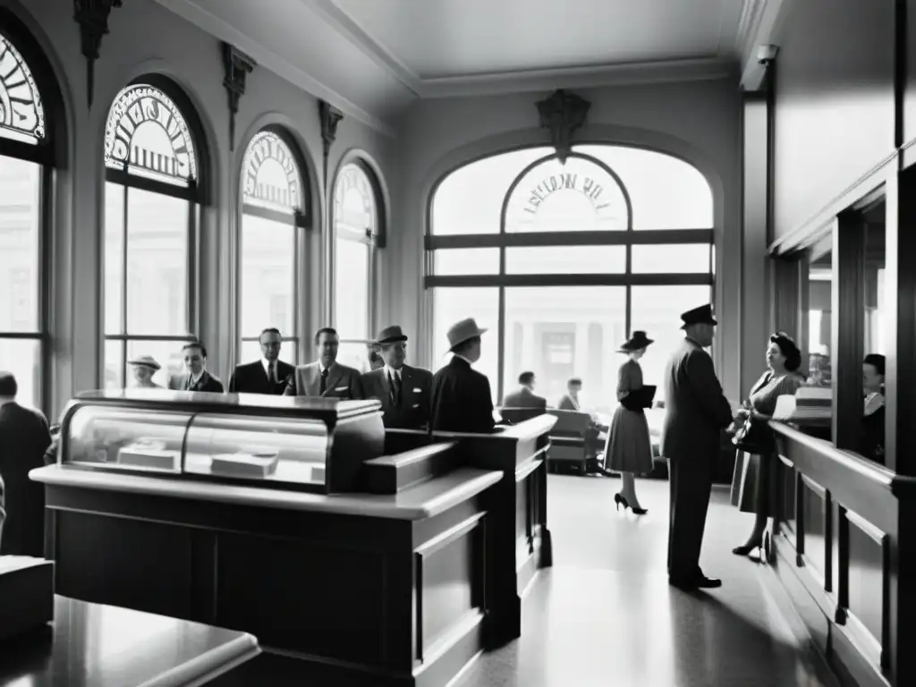 Una fotografía en blanco y negro de un bullicioso interior de un banco de los años 50