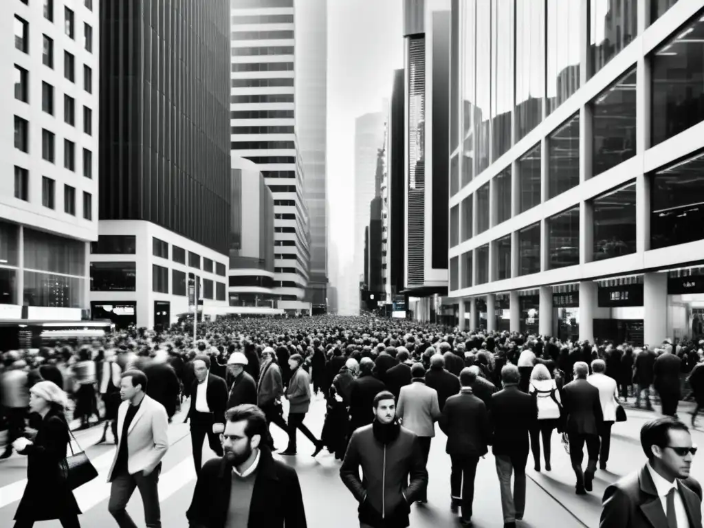 Una fotografía en blanco y negro de una concurrida calle de la ciudad en el siglo XXI