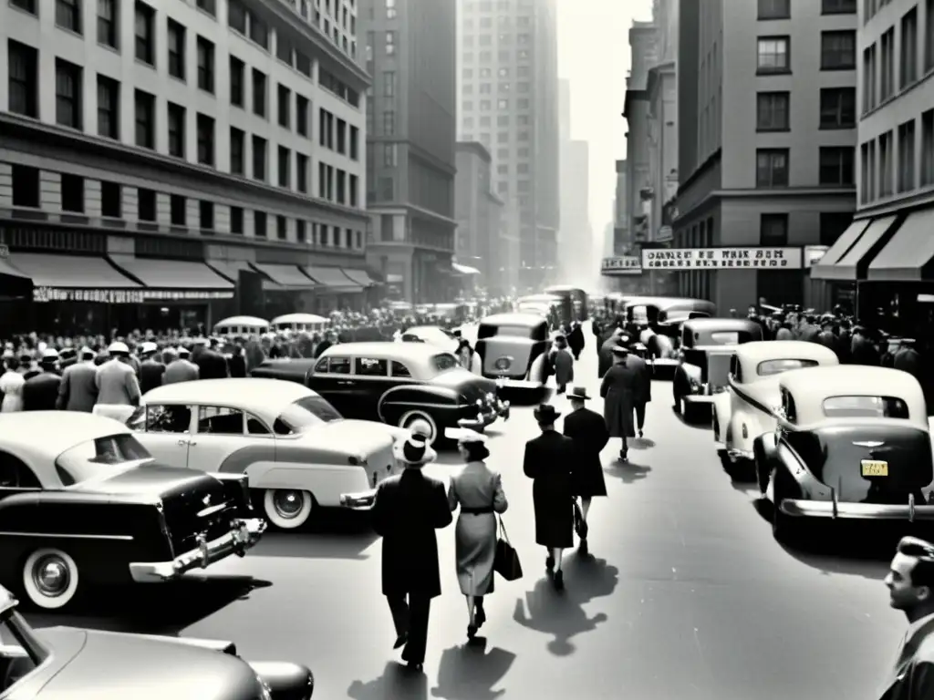 Una fotografía en blanco y negro de una concurrida calle de la ciudad en los años 50, con edificios altos y personas apresuradas