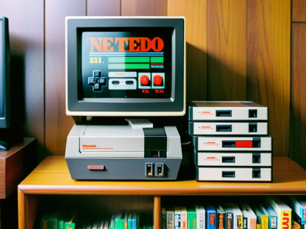 Una fotografía vintage en blanco y negro de la consola original de Nintendo Entertainment System (NES) rodeada de cartuchos de juegos y elementos icónicos de los años 80