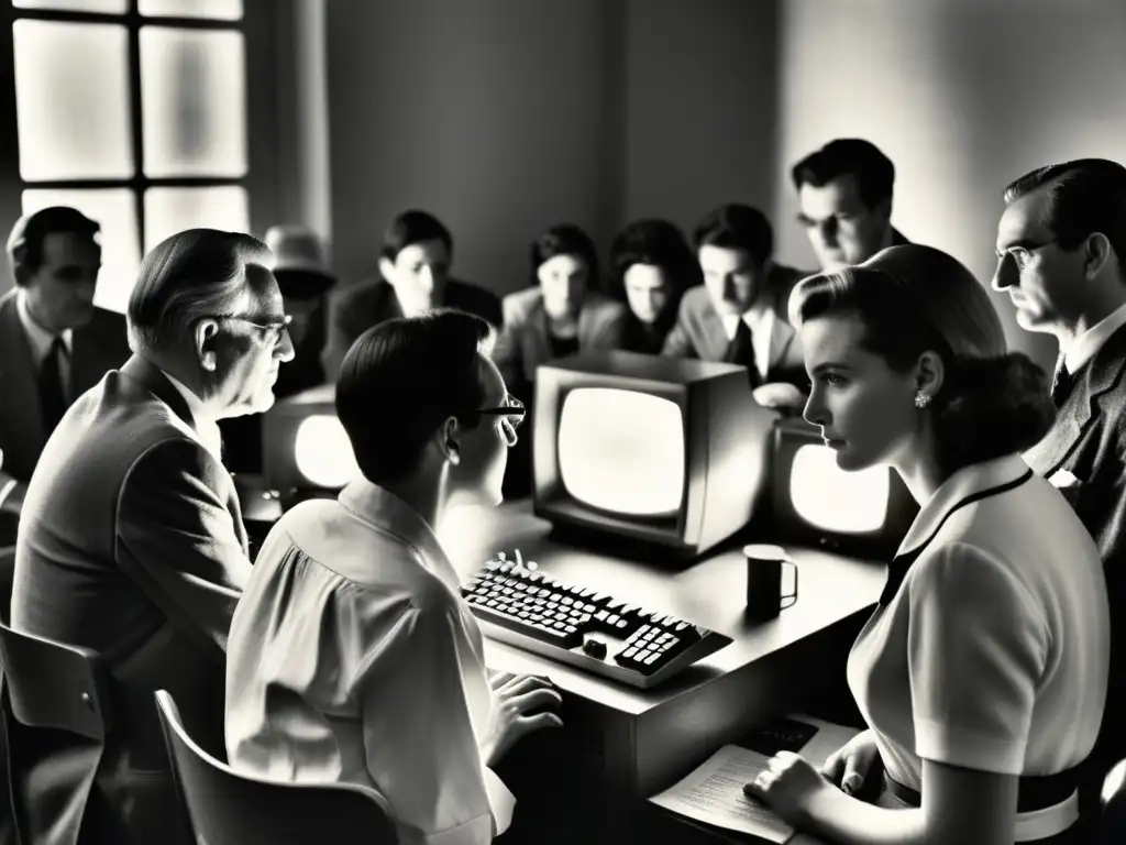 Una fotografía en blanco y negro muestra a un grupo de personas alrededor de una vieja computadora