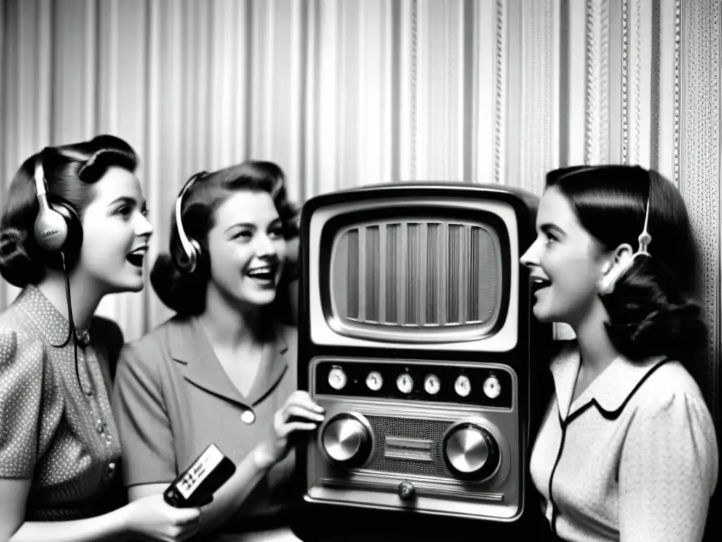 Una fotografía en blanco y negro muestra un grupo de personas reunidas alrededor de una radio, escuchando con fascinación y emoción