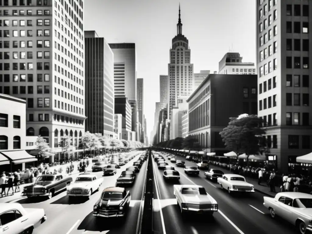 Una fotografía en blanco y negro inspirada en el vintage de una bulliciosa calle urbana, con rascacielos altos y coches antiguos