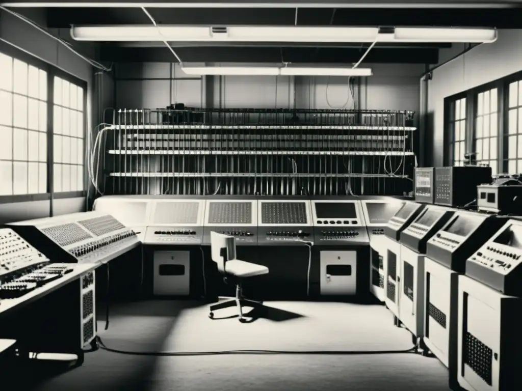 Una fotografía en blanco y negro de una sala llena de antigua maquinaria interconectada, cables y dispositivos