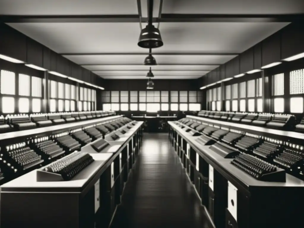 Una fotografía en blanco y negro muestra una sala llena de antiguas máquinas de computación y buscadores