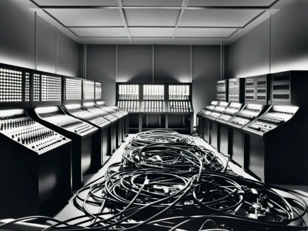 Una fotografía vintage en blanco y negro de una sala llena de antiguas máquinas de computación, con cables y conexiones