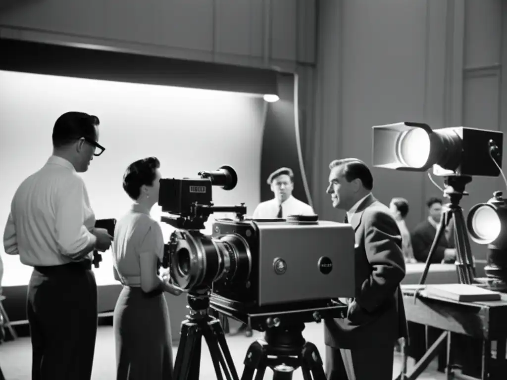 Una fotografía en blanco y negro de un set de filmación de los años 50, con el director dirigiendo a los actores y el equipo preparando todo