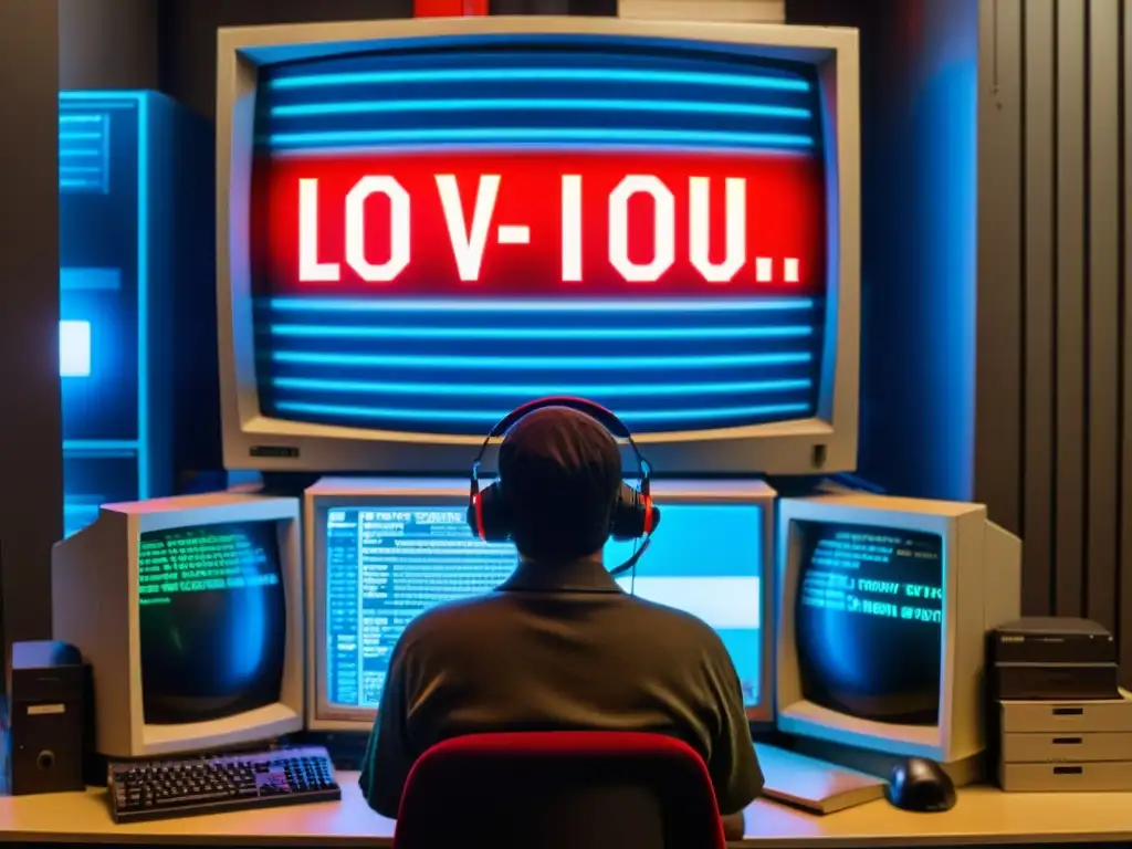 El brillo rojo de 'ILOVEYOU' inunda la pantalla, mientras un técnico informático preocupado observa