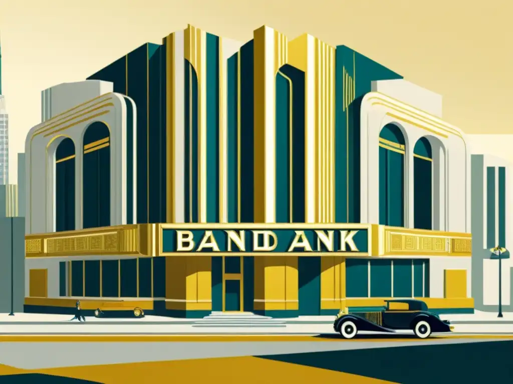 Una ilustración vintage de una bulliciosa banca digital, con un edificio art déco, una calle llena de personas elegantes y autos clásicos