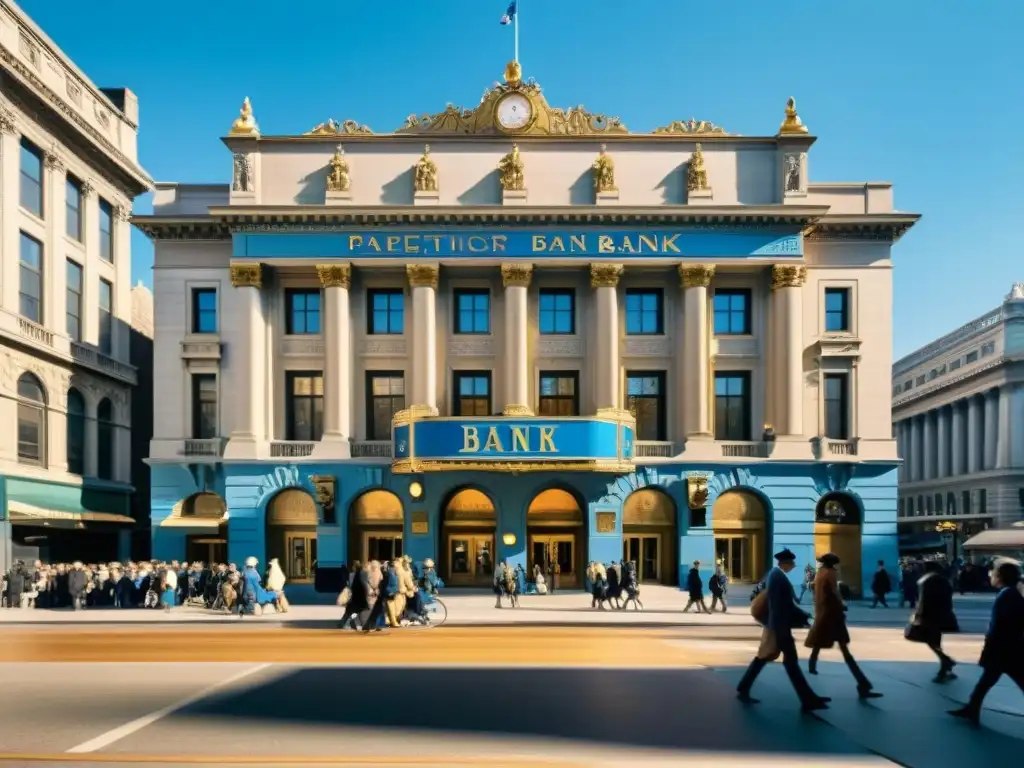 Una bulliciosa calle de la ciudad con un banco histórico de arquitectura grandiosa