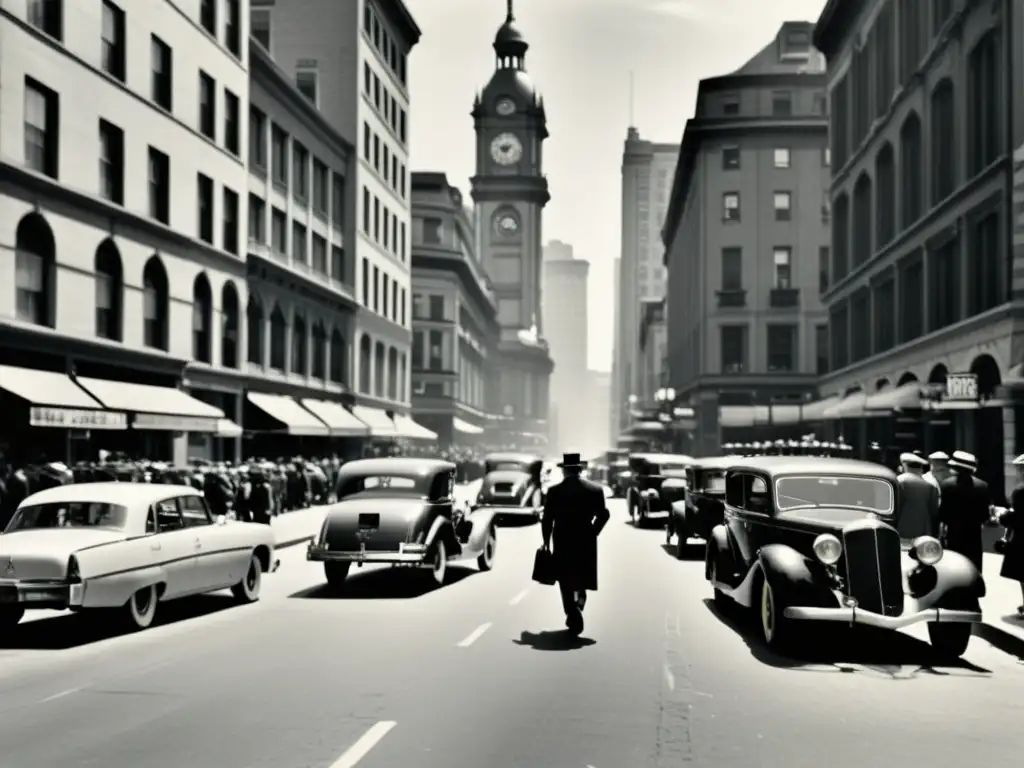 Vida urbana bulliciosa en blanco y negro del siglo XX Una bulliciosa calle de la ciudad en blanco y negro, con autos antiguos y personas, evocando la vida urbana de principios del siglo XX