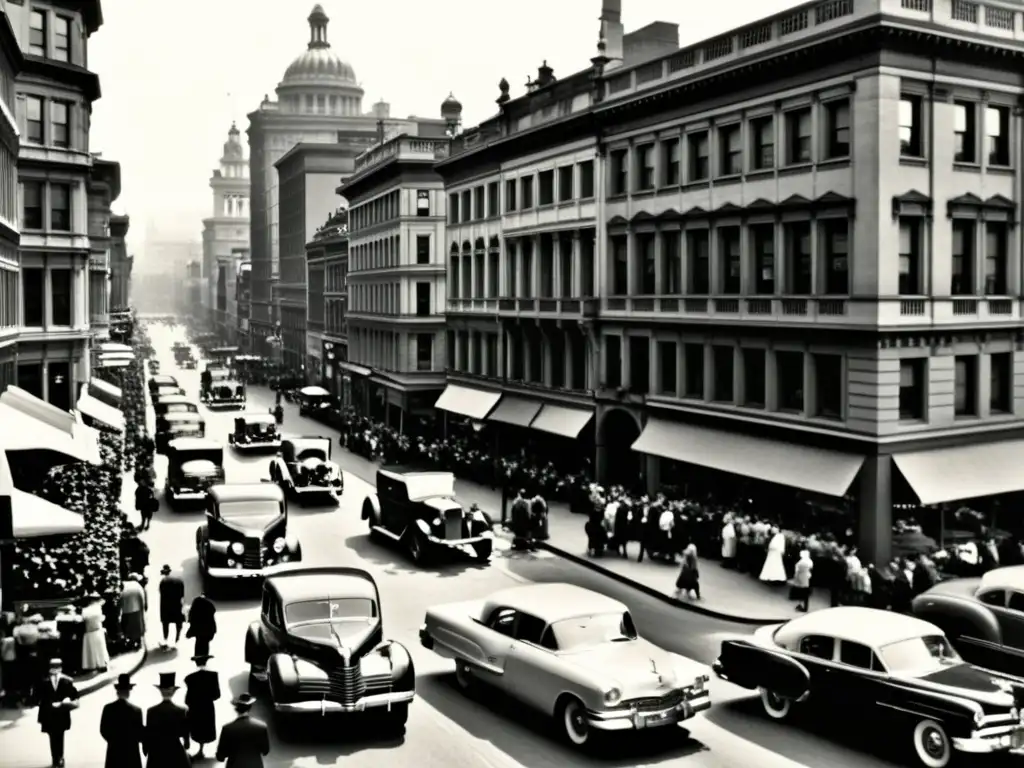 Una bulliciosa calle de la ciudad en blanco y negro, con coches antiguos y gente vestida de época