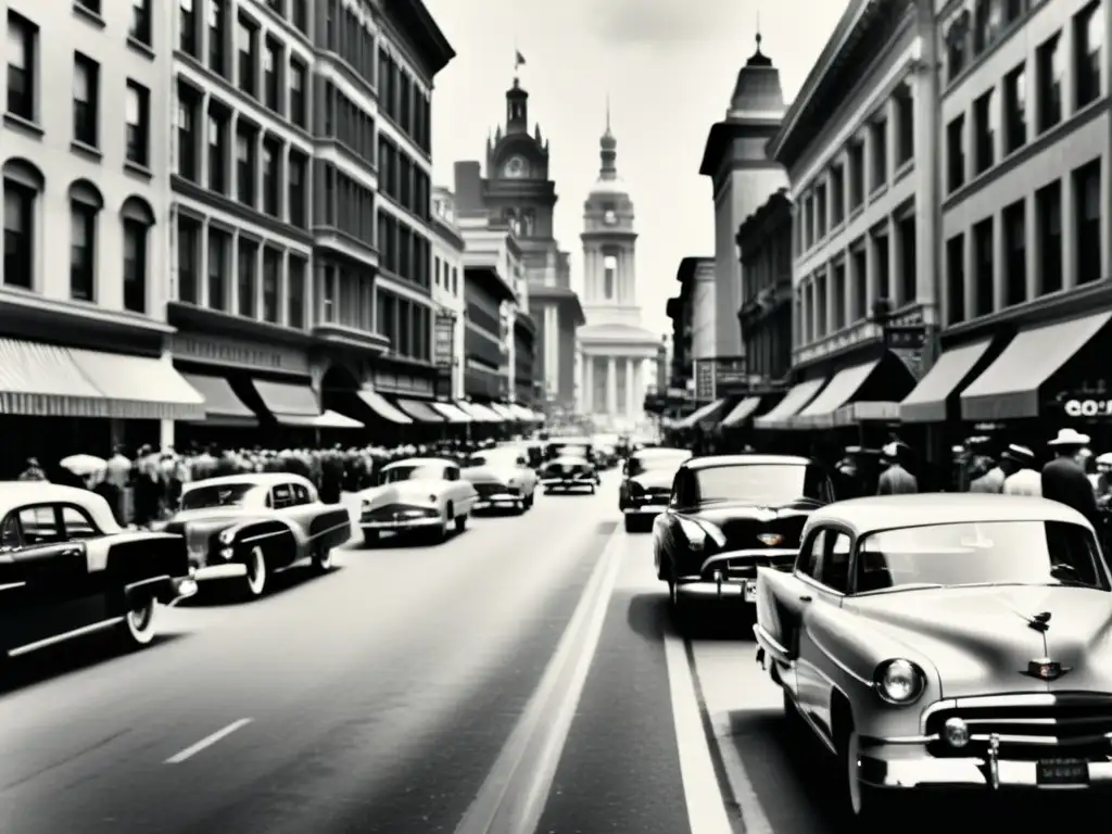 Una bulliciosa calle de la ciudad en blanco y negro evoca la transición del folleto impreso a contenido web, con coches clásicos y farolas antiguas