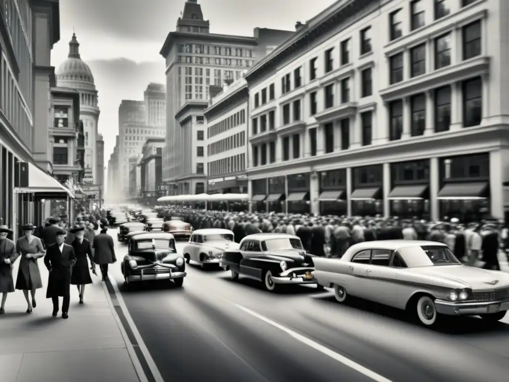 Una bulliciosa calle de la ciudad en blanco y negro, con coches clásicos y gente con vestimenta antigua, evocando la importancia de la velocidad de carga en un entorno digital