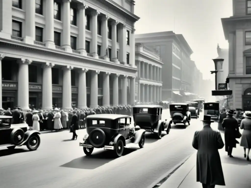 Una bulliciosa calle de la ciudad en blanco y negro, con edificios bancarios antiguos y gente vestida a la moda de época