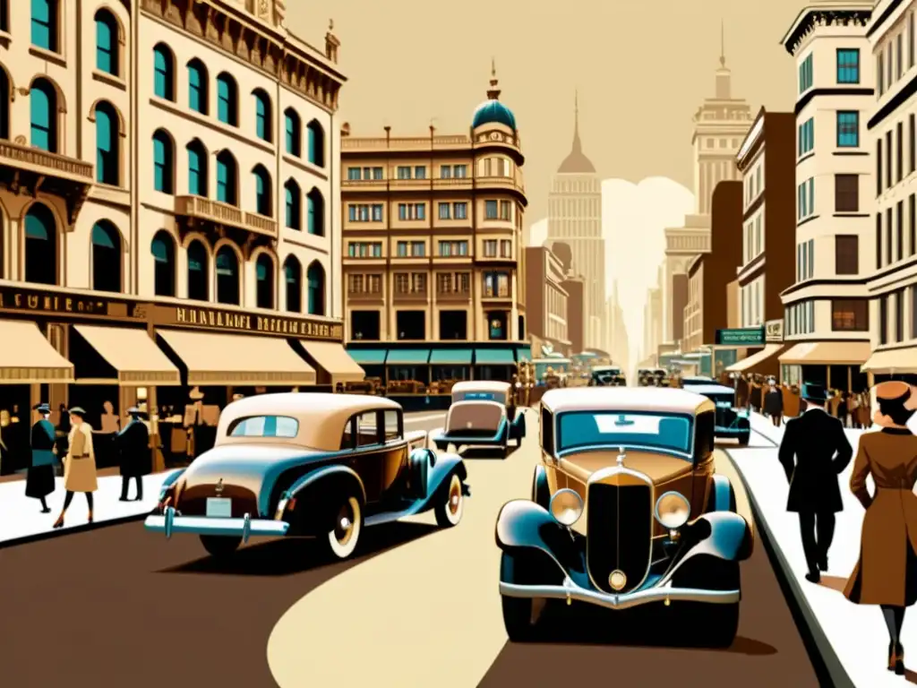 Una ilustración vintage de una bulliciosa calle de la ciudad, con edificios ornamentados, autos clásicos y peatones elegantes