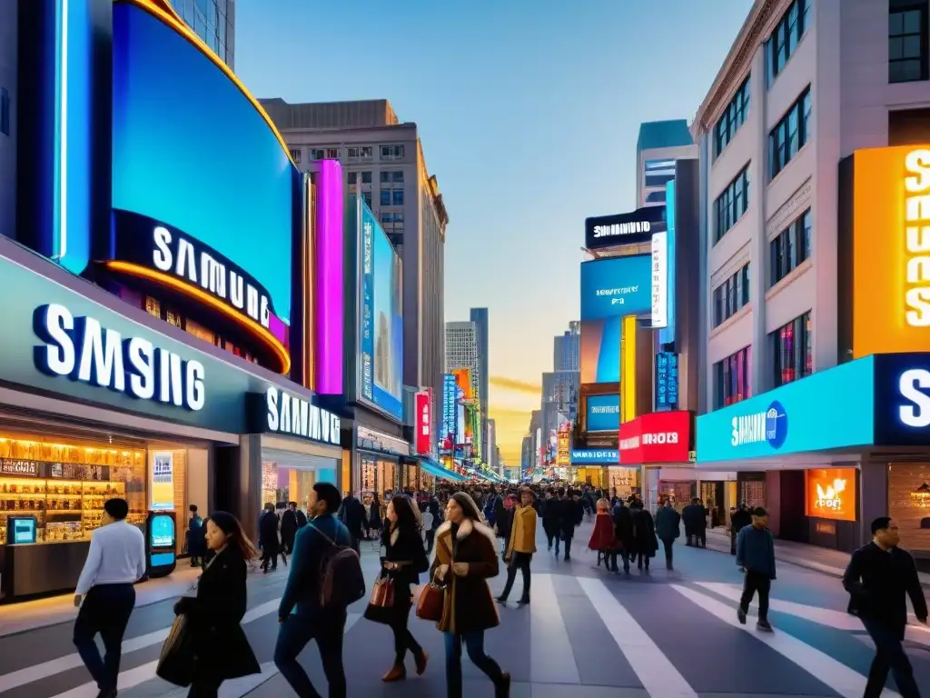 Una bulliciosa calle de la ciudad con luces de neón vibrantes iluminando tiendas de tecnología