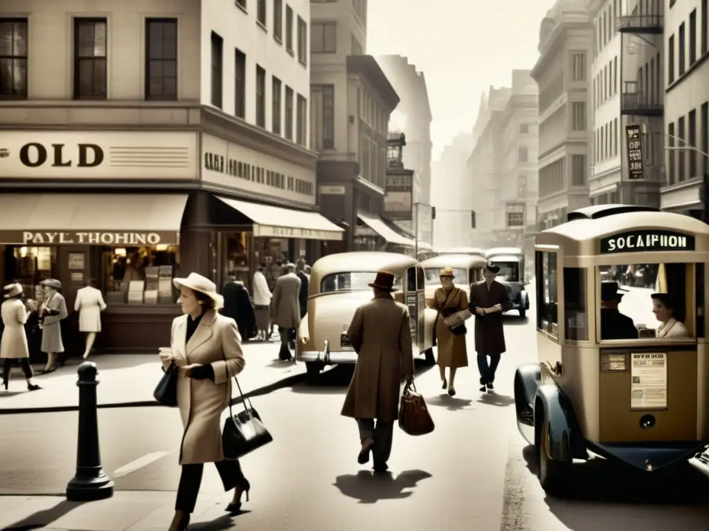 Una bulliciosa calle de la ciudad en sepia, con personas socializando y tecnología vintage, evocando la evolución de las redes sociales