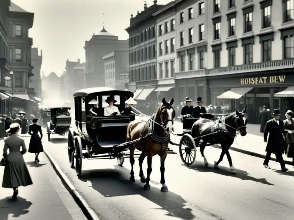 Una fotografía en sepia de una bulliciosa calle de la ciudad de principios de 1900