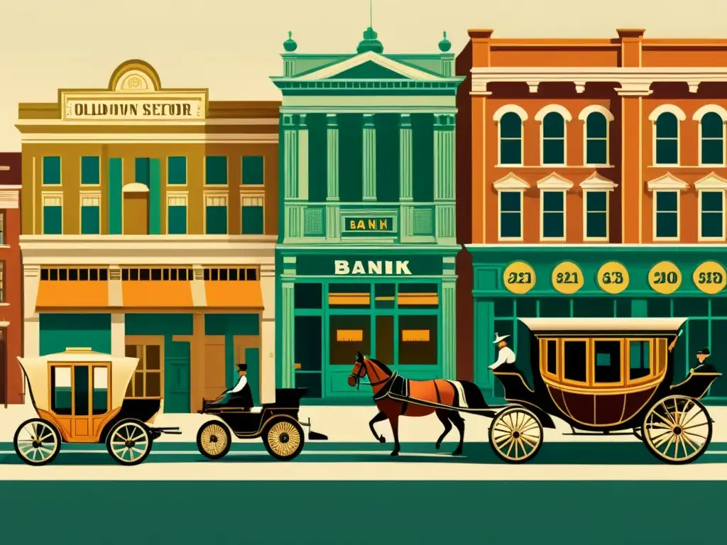 Ilustración vintage de una bulliciosa calle con edificios bancarios antiguos, mostrando la evolución del sector bancario con la llegada de las APIs financieras