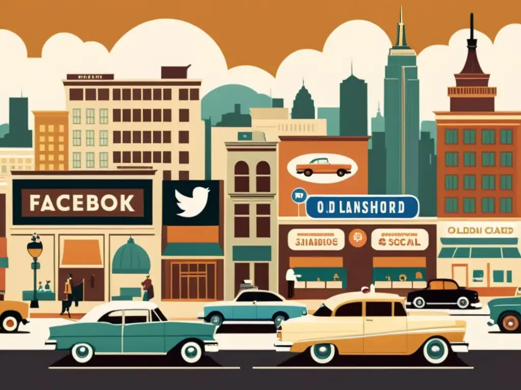 Una ilustración vintage de una bulliciosa ciudad con iconos de redes sociales integrados en la escena, capturando la conexión entre las redes sociales y la optimización de motores de búsqueda en redes sociales