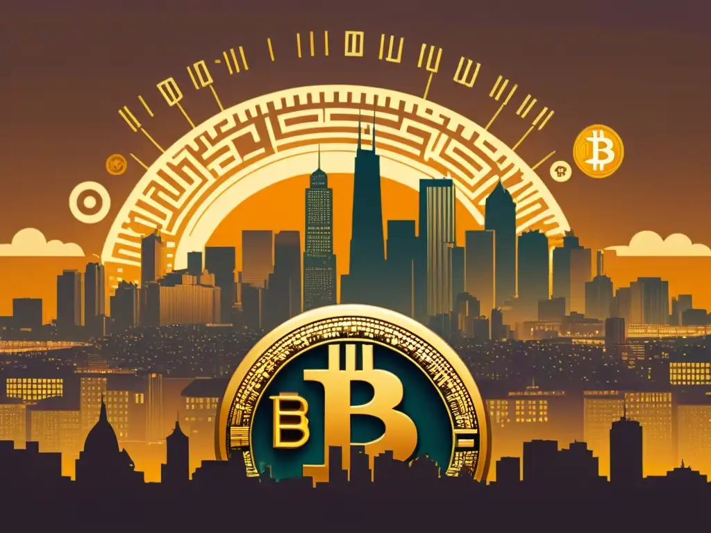 Una ilustración vintage de una bulliciosa ciudad con símbolos digitales de Bitcoin superpuestos, evocando una revolución monetaria ciberespacio Bitcoin en la arquitectura de la ciudad