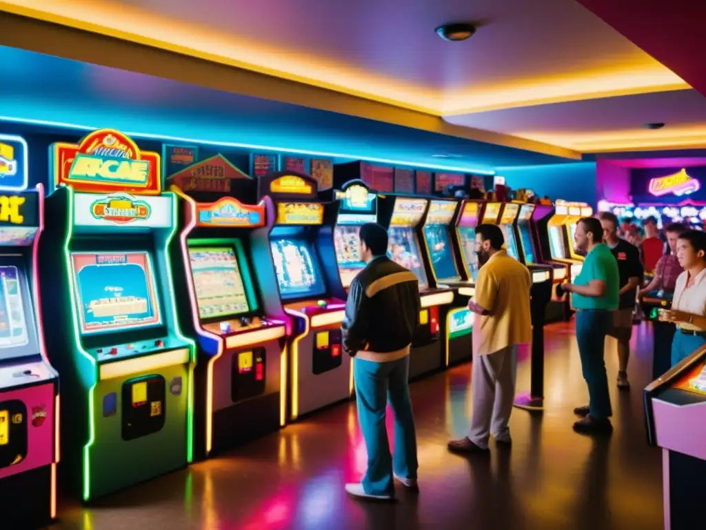 Emocionante competencia en la sala de juegos de los 80 Una bulliciosa sala de arcade de los años 80 con máquinas retro y jugadores inmersos en intensas competencias