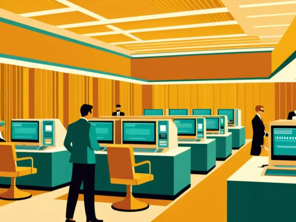 En una ilustración vintage, una bulliciosa sala de banca digital con clientes usando computadoras antiguas y tecnología retrofuturista